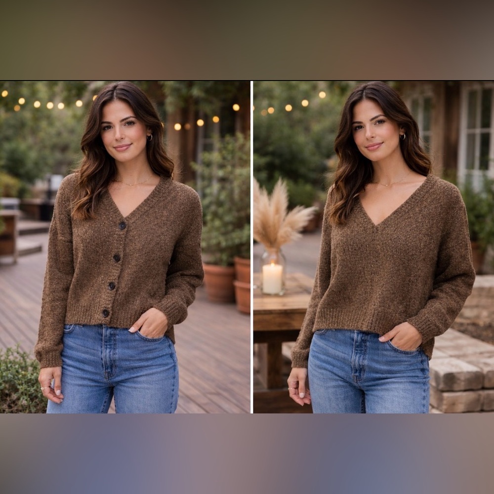 William Rast Cozy Brown V-Neck Button Front Women's Sweater Cardigan